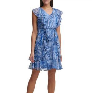 TOMMY HILFIGER Flutter Sleeve Chiffon Fit & Flare Mini Dress *No Belt* Sz 10